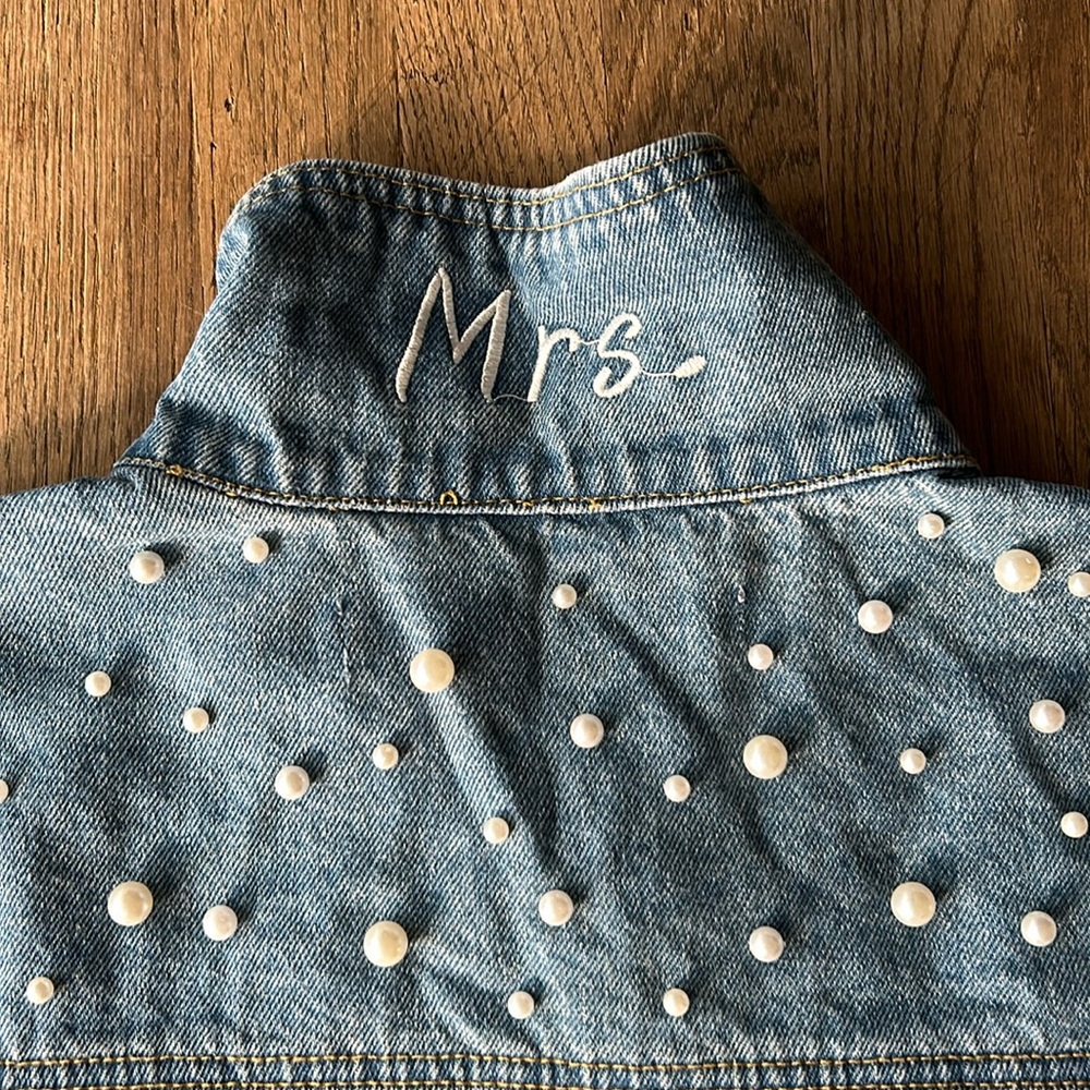 Beaded pearl Bridal “MRS.” Denim jacket